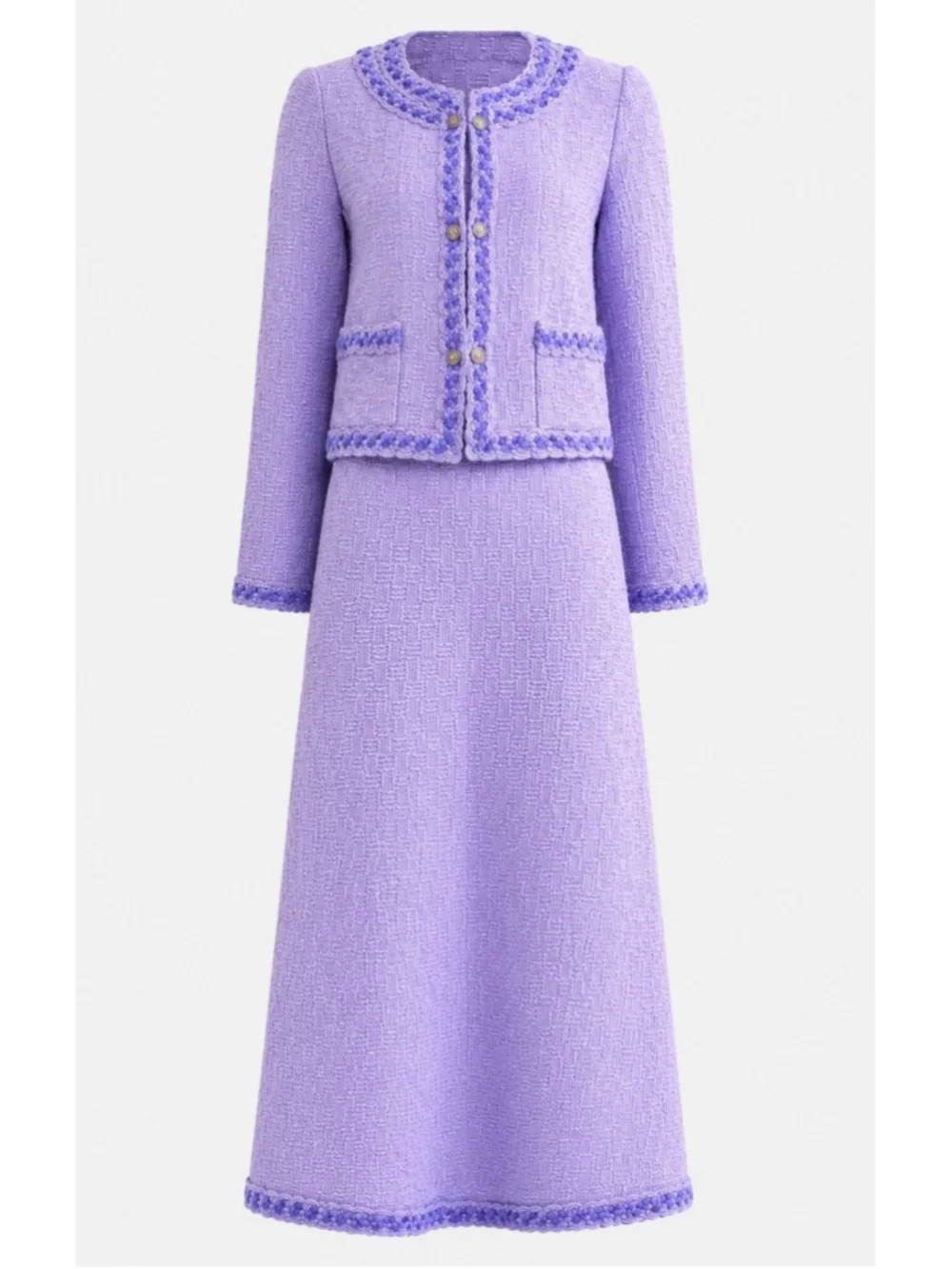 CHANEL 98A Lilac Tweed Jacket Maxi Skirt Suit Set FR 40 Karl Lagerfeld